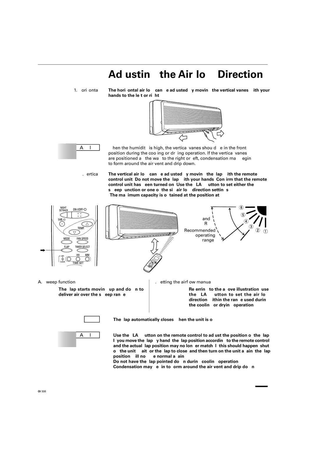 Sanyo KS2462R instruction manual Adjusting the Airflow Direction, Sweep function 