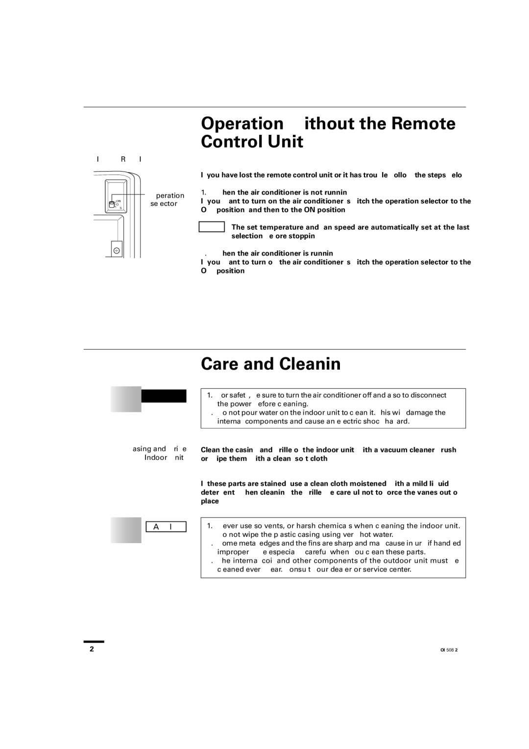 Sanyo KS2462R instruction manual Operation without the Remote Control Unit, Care and Cleaning, Operation OFFselector 