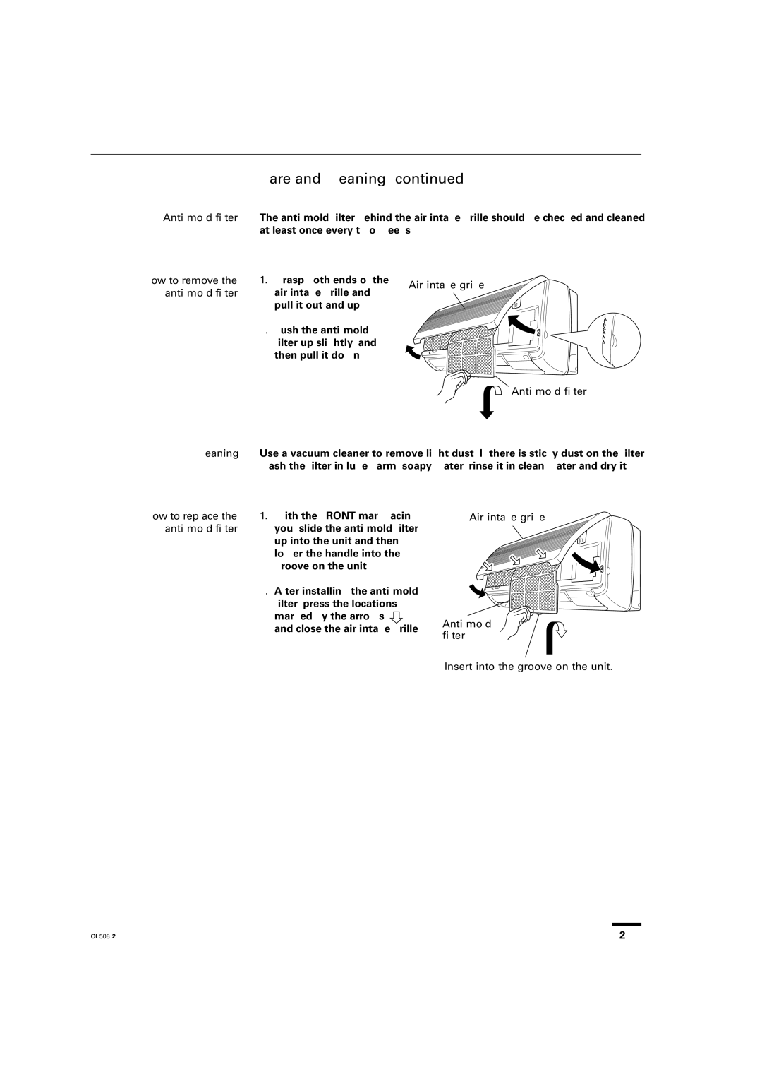 Sanyo KS2462R Care and Cleaning, How to remove the anti-mold filter, Air intake grille, Anti-mold filter, How to replace 