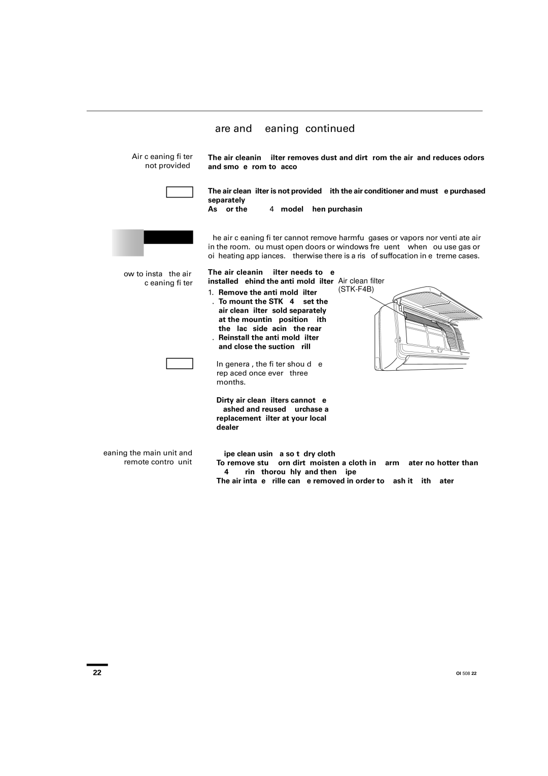 Sanyo KS2462R instruction manual How to install the air cleaning filter, Cleaning the main unit and remote control unit 