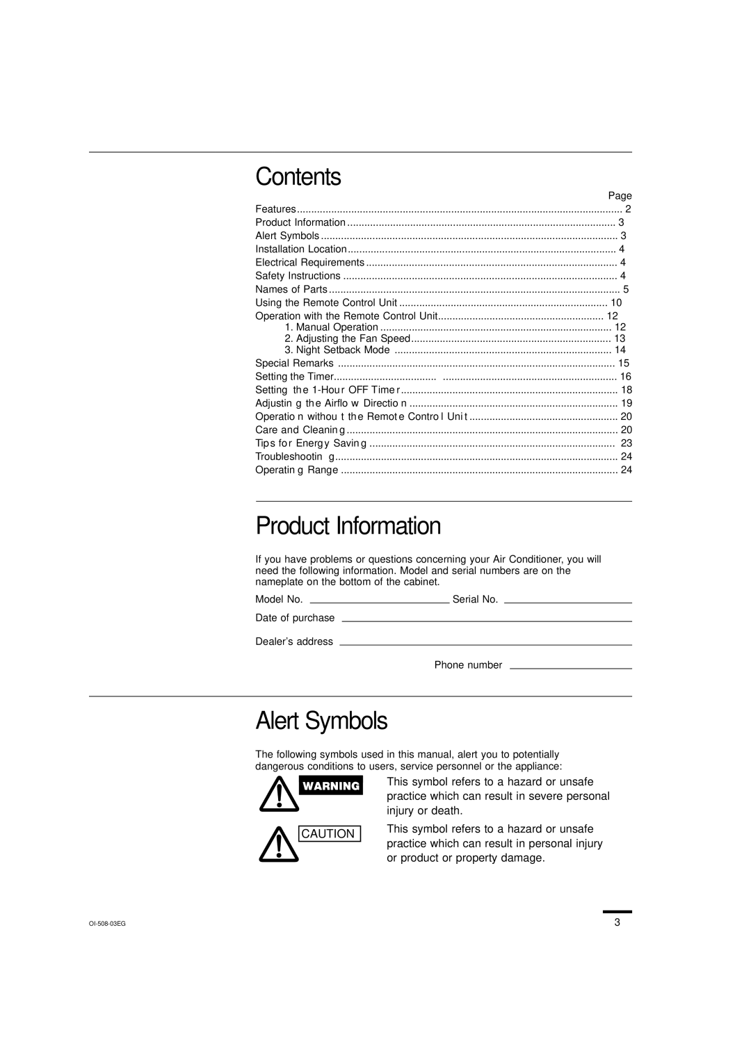 Sanyo KS2462R instruction manual Contents, Product Information, Alert Symbols 