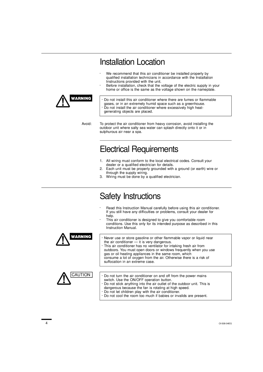 Sanyo KS2462R instruction manual Installation Location, Electrical Requirements, Safety Instructions 