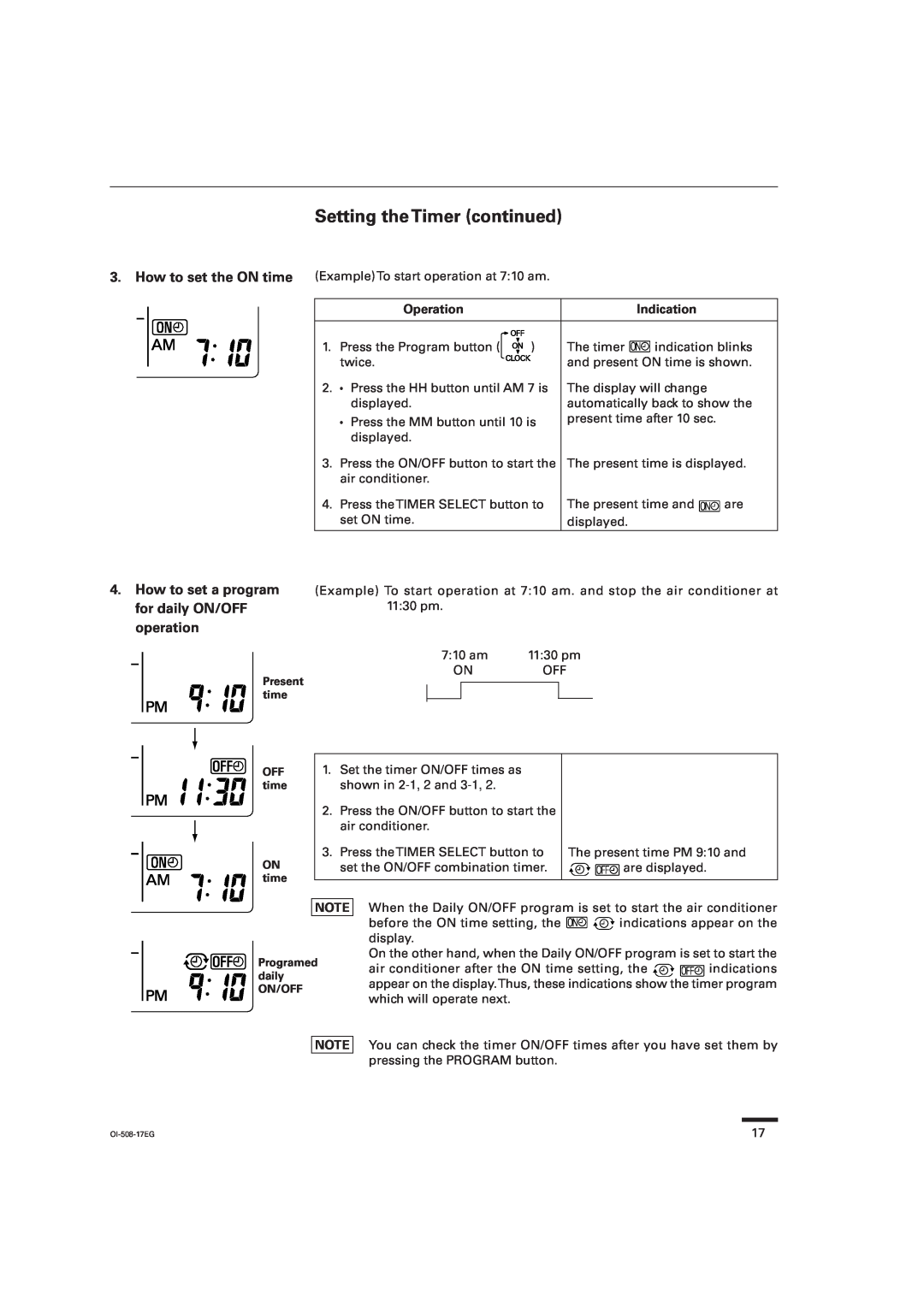 Sanyo KS2462R Setting the Timer continued, How to set a program for daily ON/OFF operation, Operation, Indication 
