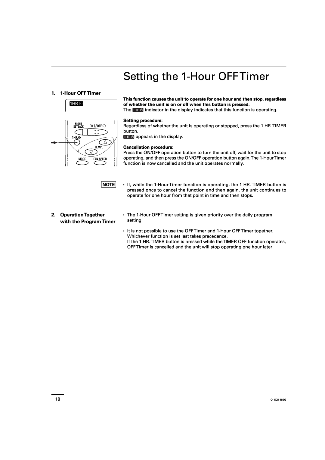 Sanyo KS2462R Setting the 1-HourOFFTimer, HourOFF Timer, Operation Together with the Program Timer, Setting procedure 