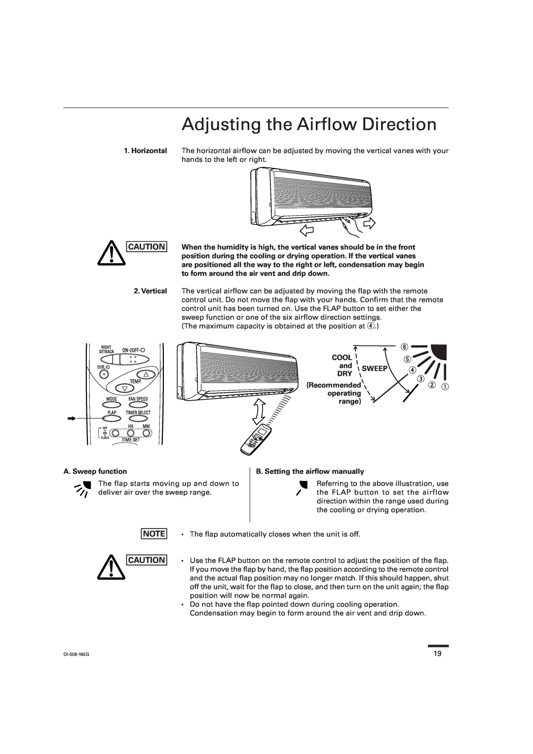 Sanyo KS2462R Adjusting the Airflow Direction, A. Sweep function, COOL and SWEEP DRY Recommended operating range 