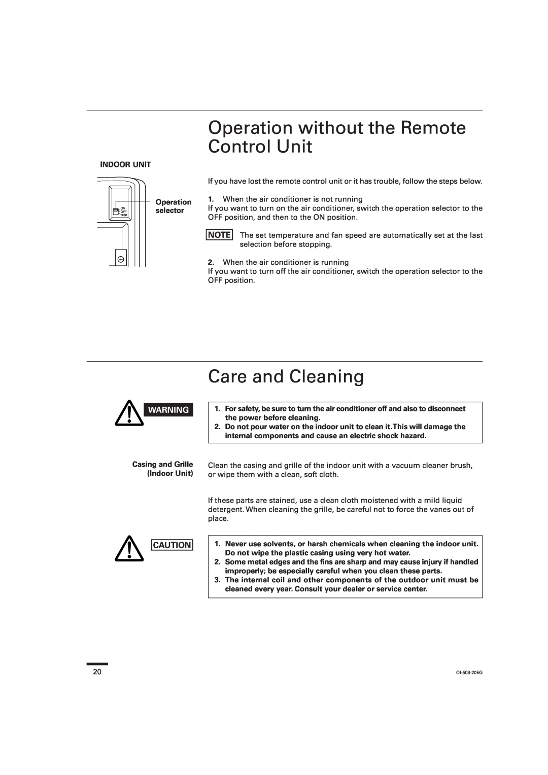 Sanyo KS2462R Operation without the Remote Control Unit, Care and Cleaning, INDOOR UNIT Operation, OFFselector 