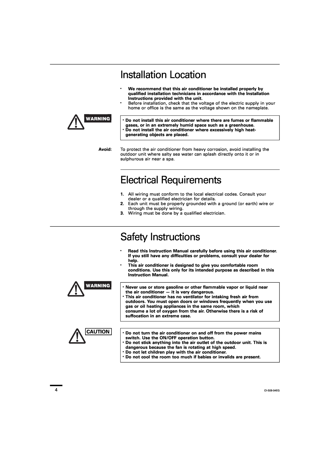 Sanyo KS2462R instruction manual Installation Location, Electrical Requirements, Safety Instructions 