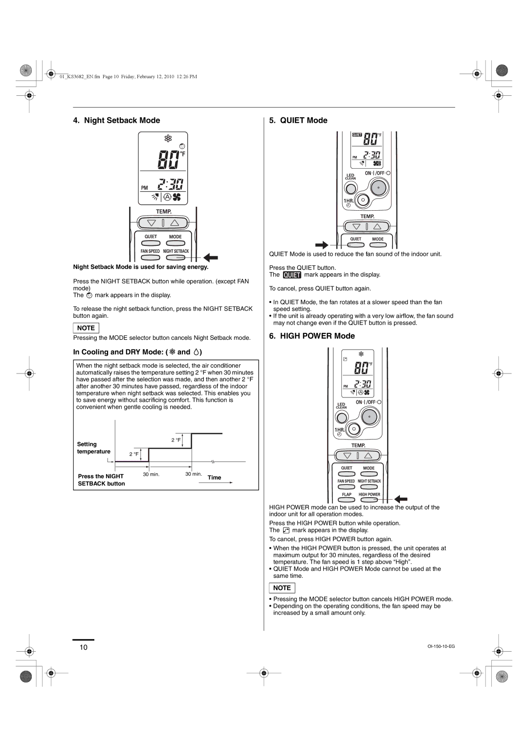 Sanyo KS3682, KS3082 instruction manual Night Setback Mode, Quiet Mode, High Power Mode, Cooling and DRY Mode 