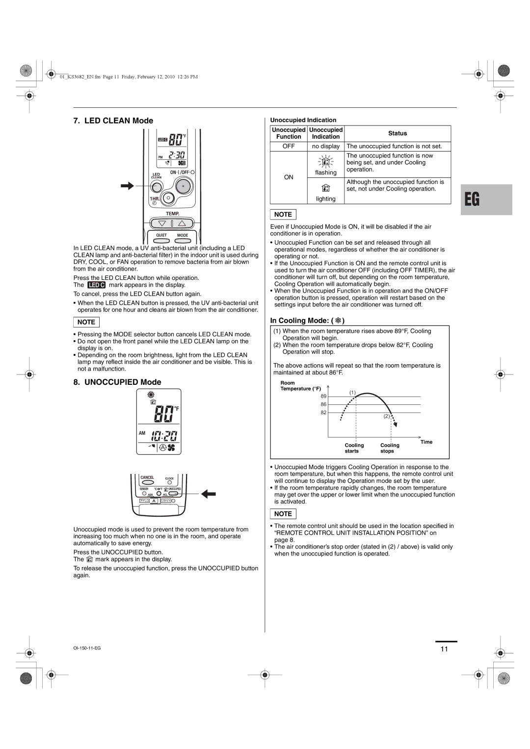 Sanyo KS3082, KS3682 instruction manual LED Clean Mode, Unoccupied Mode, Cooling Mode, Unoccupied Indication Status 