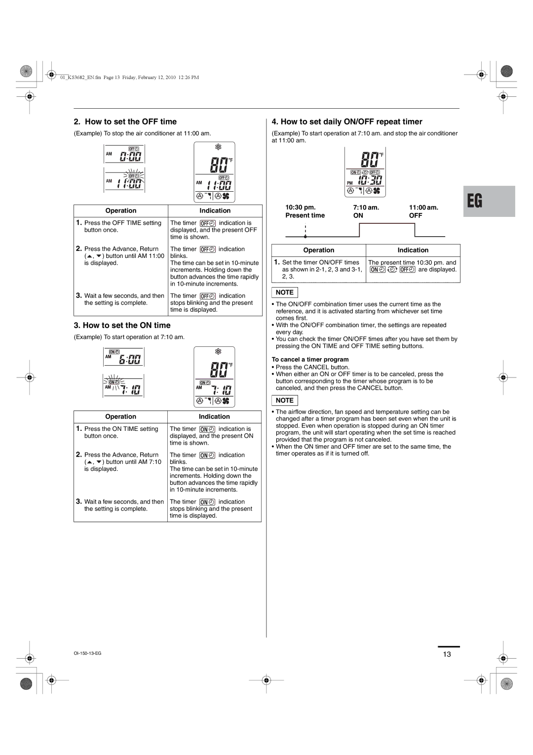 Sanyo KS3082, KS3682 How to set the OFF time, How to set the on time, How to set daily ON/OFF repeat timer, Off 