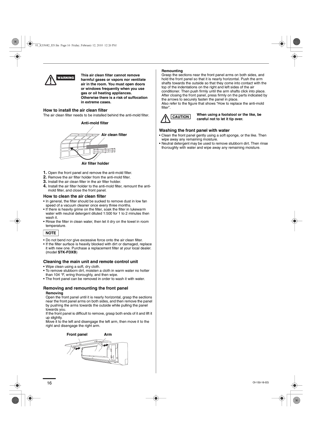 Sanyo KS3682 How to install the air clean filter, How to clean the air clean filter, Washing the front panel with water 