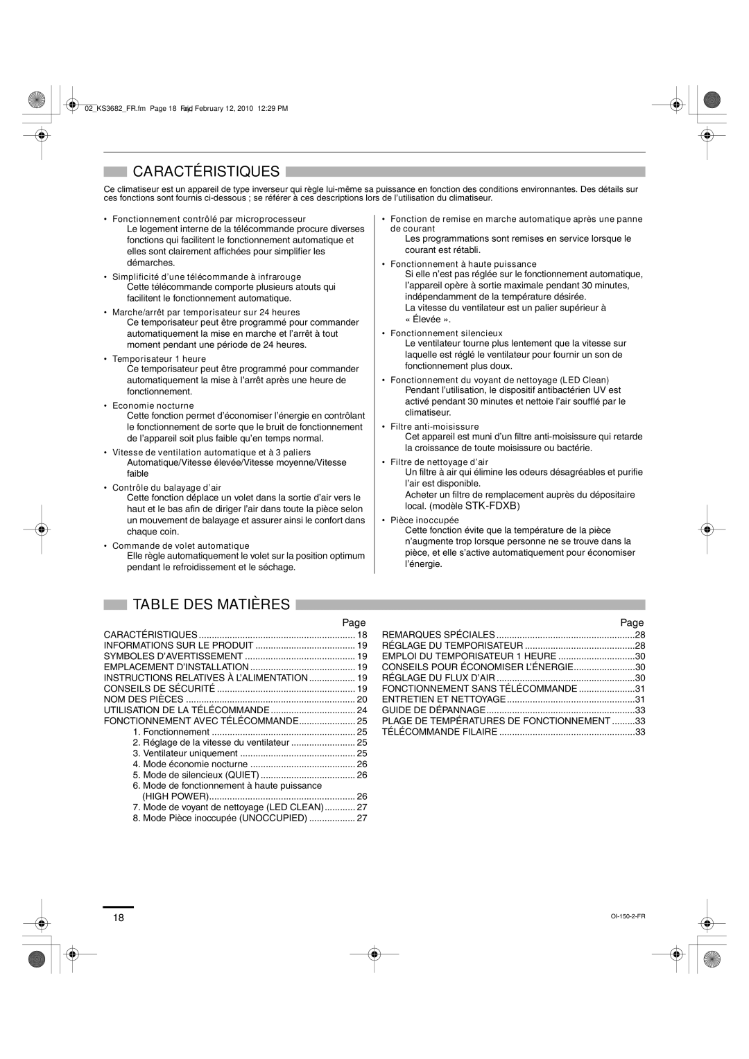 Sanyo KS3682, KS3082 instruction manual Caractéristiques, Table DES Matières 