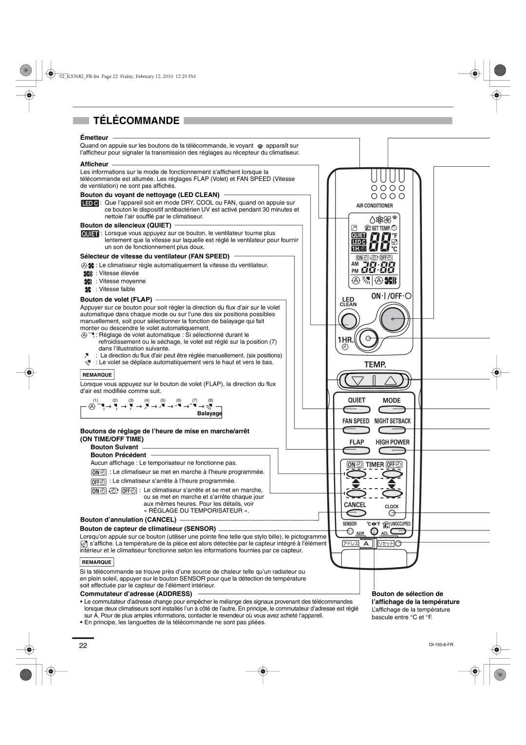 Sanyo KS3682, KS3082 instruction manual Télécommande, On TIME/OFF Time 