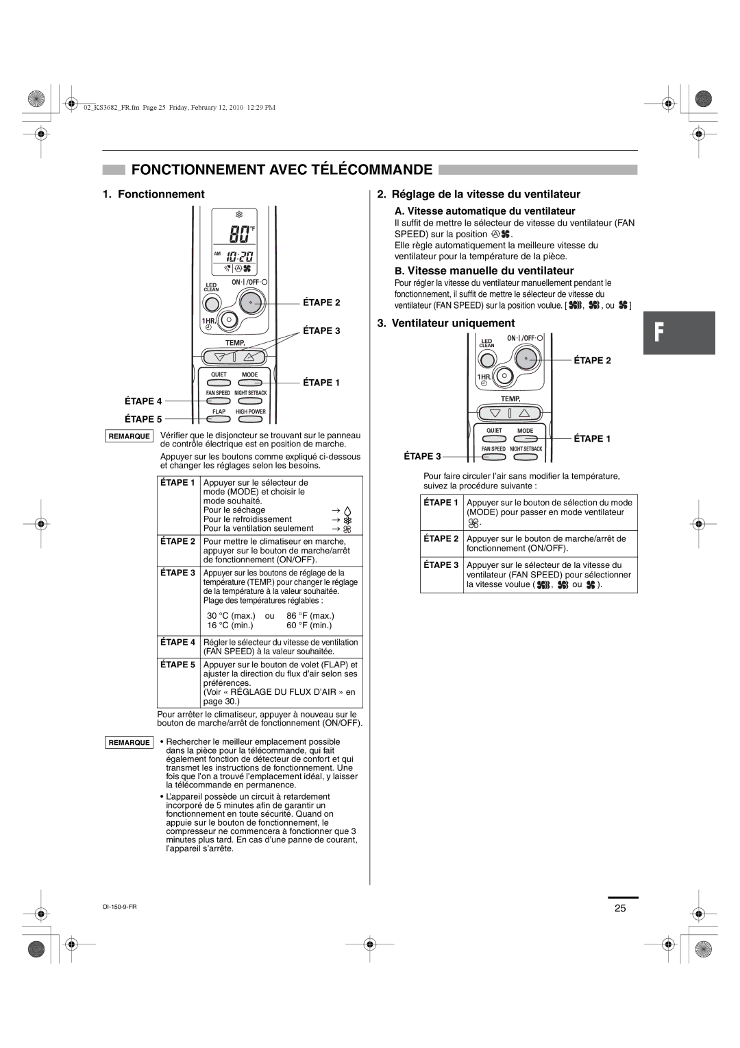 Sanyo KS3082 Fonctionnement Avec Télécommande, Réglage de la vitesse du ventilateur, Vitesse manuelle du ventilateur 