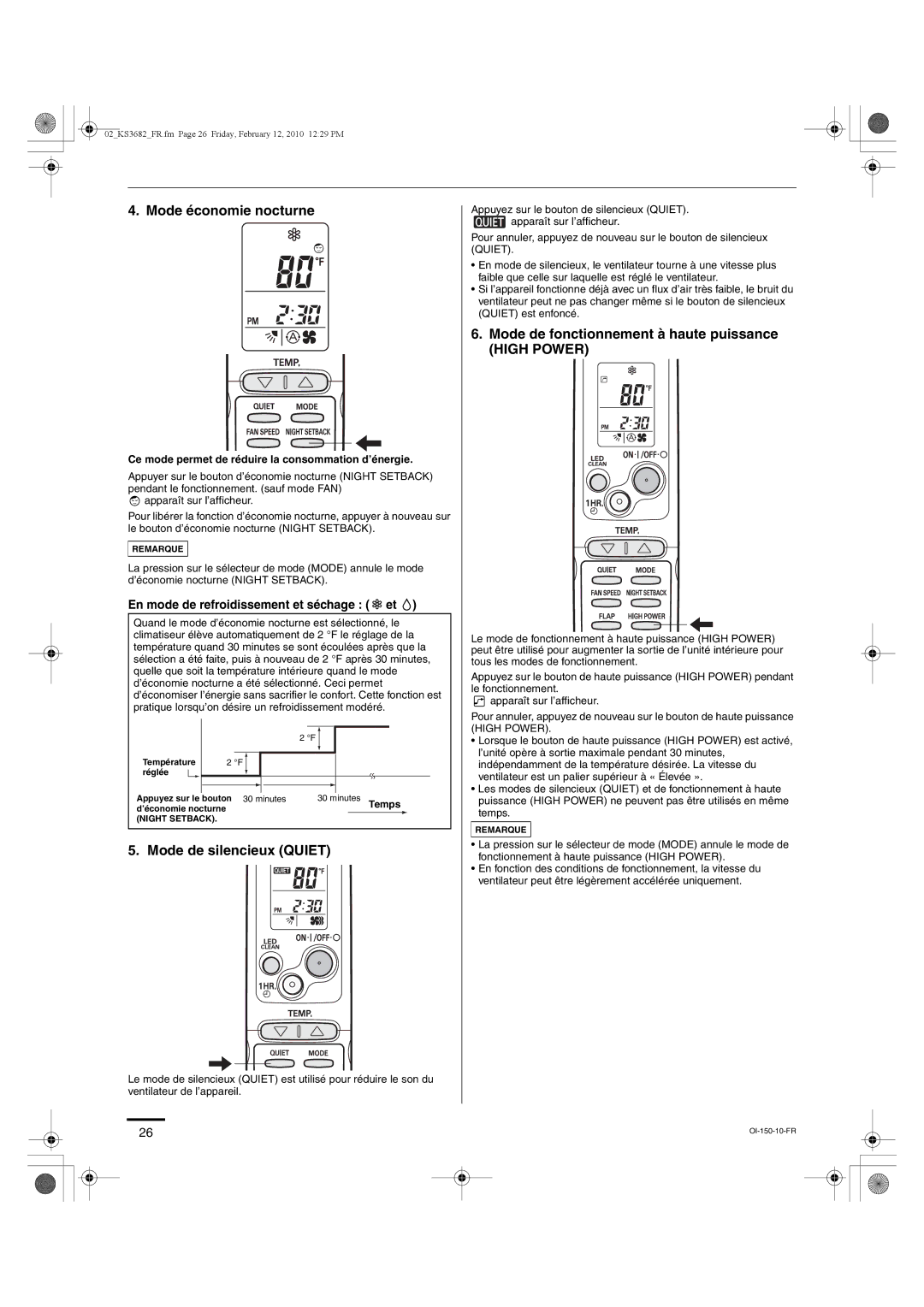 Sanyo KS3682, KS3082 Mode économie nocturne, Mode de silencieux Quiet, Mode de fonctionnement à haute puissance 