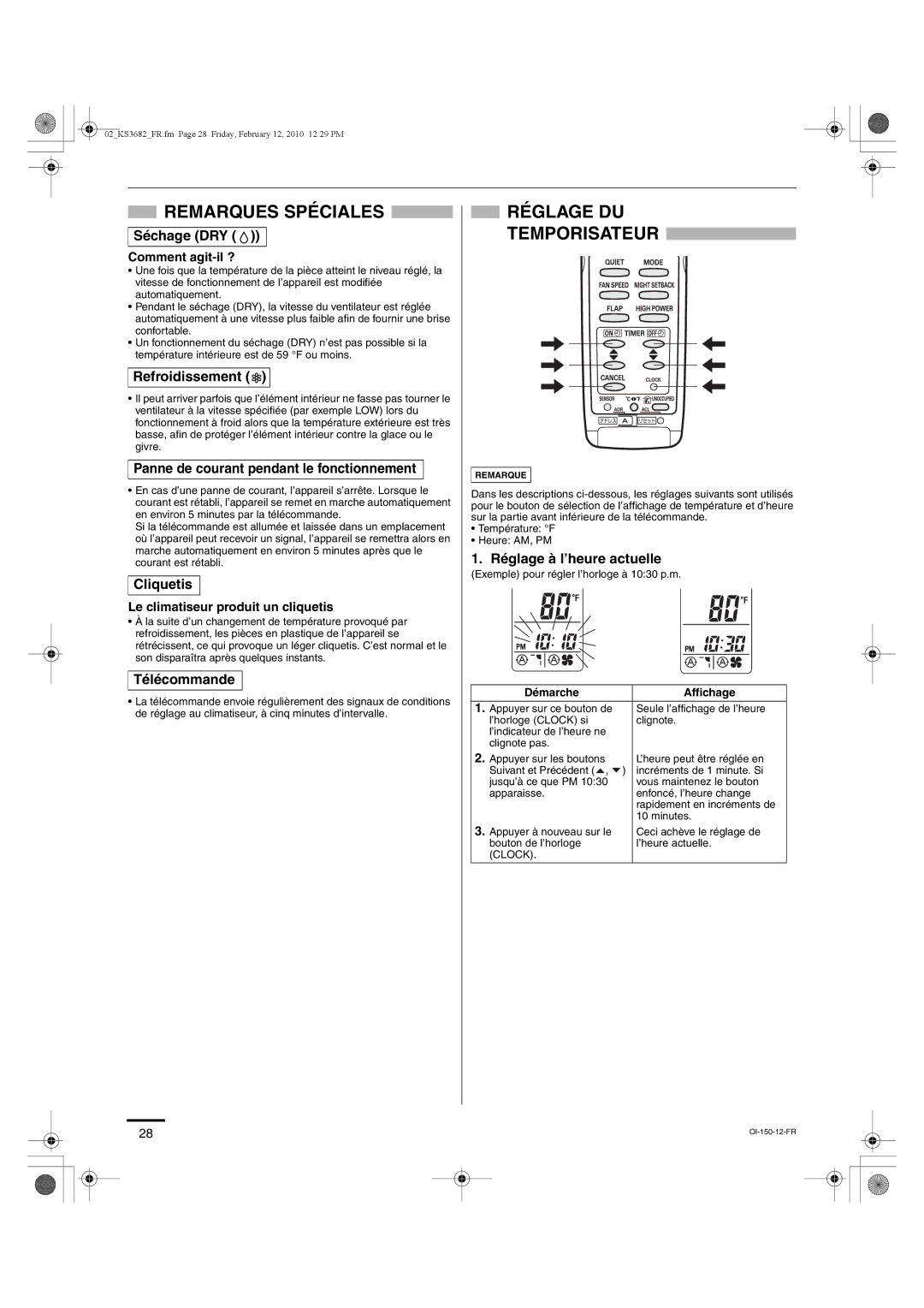 Sanyo KS3682, KS3082 instruction manual Remarques Spéciales, Réglage DU Temporisateur 