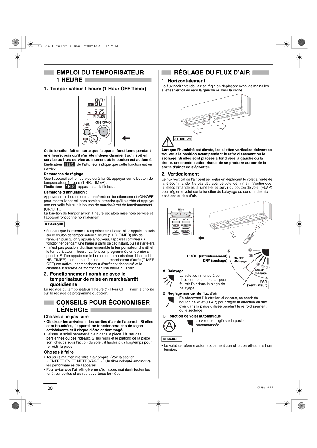 Sanyo KS3682, KS3082 Emploi DU Temporisateur 1 Heure, Réglage DU Flux D’AIR, Conseils Pour Économiser L’ÉNERGIE 