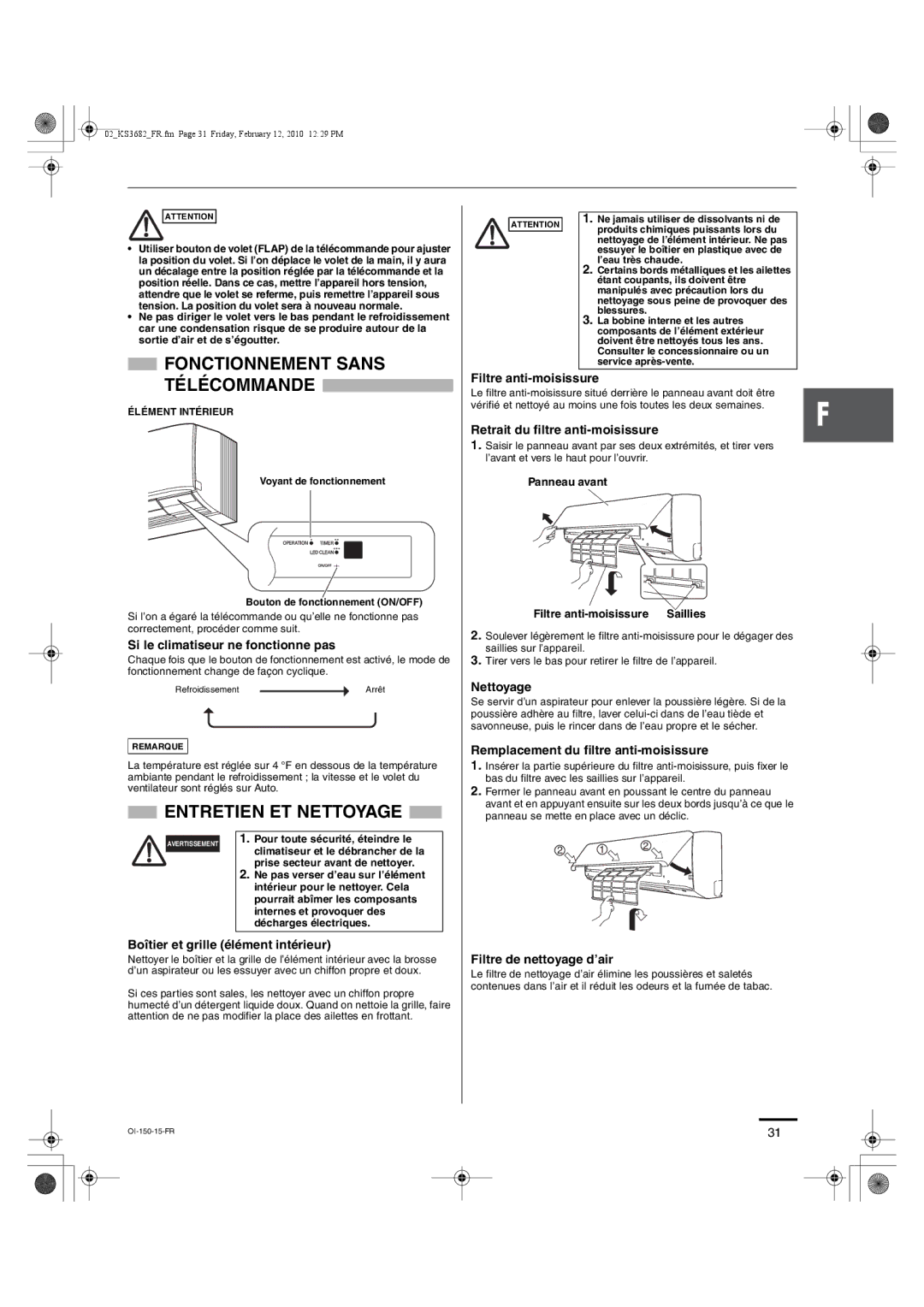 Sanyo KS3082, KS3682 instruction manual Fonctionnement Sans, Entretien ET Nettoyage 