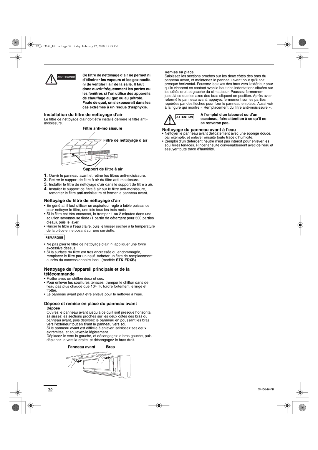 Sanyo KS3682, KS3082 instruction manual Installation du filtre de nettoyage d’air, Nettoyage du filtre de nettoyage d’air 