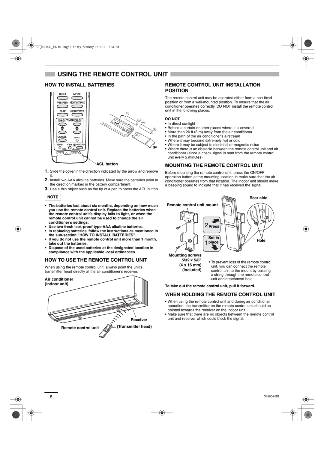 Sanyo KS3682 Using the Remote Control Unit, ACL button, Air conditioner Indoor unit Receiver Remote control unit, 16 mm 