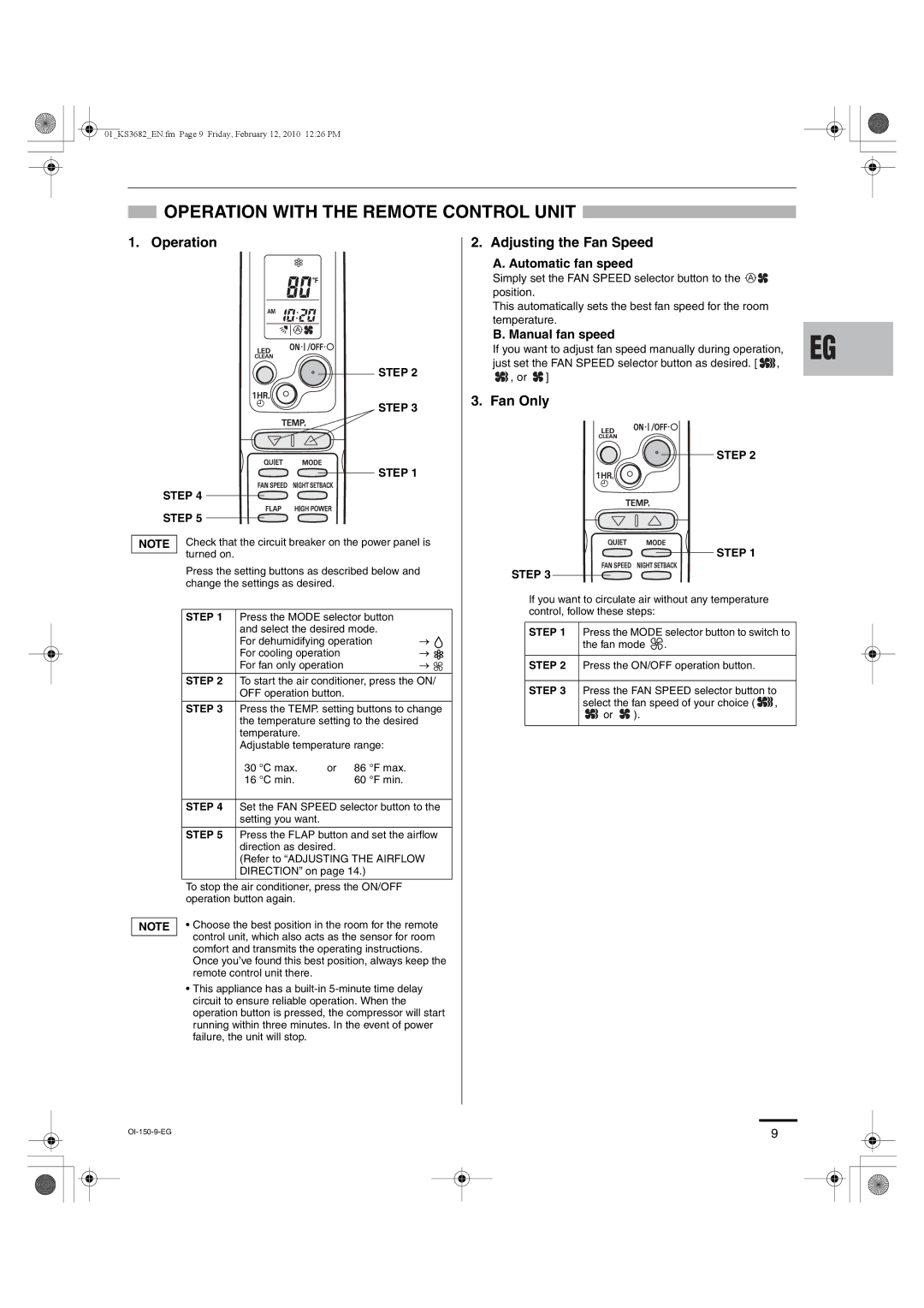 Sanyo KS3082, KS3682 instruction manual Operation with the Remote Control Unit, Adjusting the Fan Speed, Fan Only 