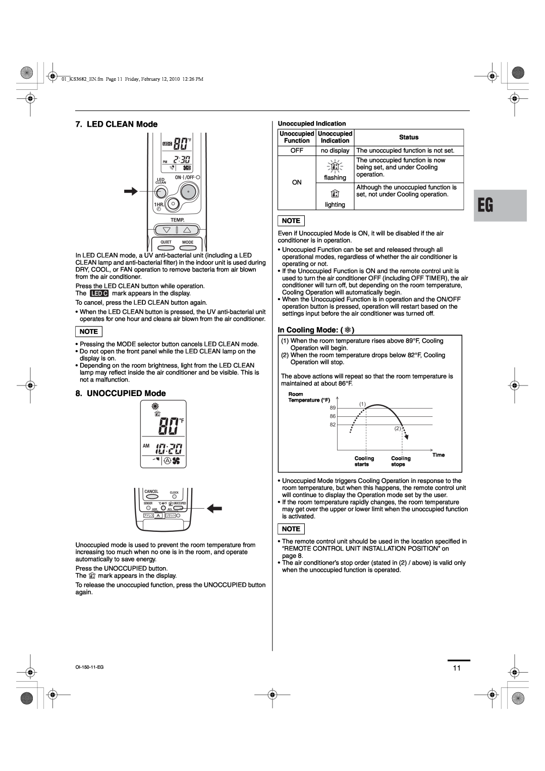 Sanyo KS3082, KS3682 instruction manual LED CLEAN Mode, UNOCCUPIED Mode, In Cooling Mode 