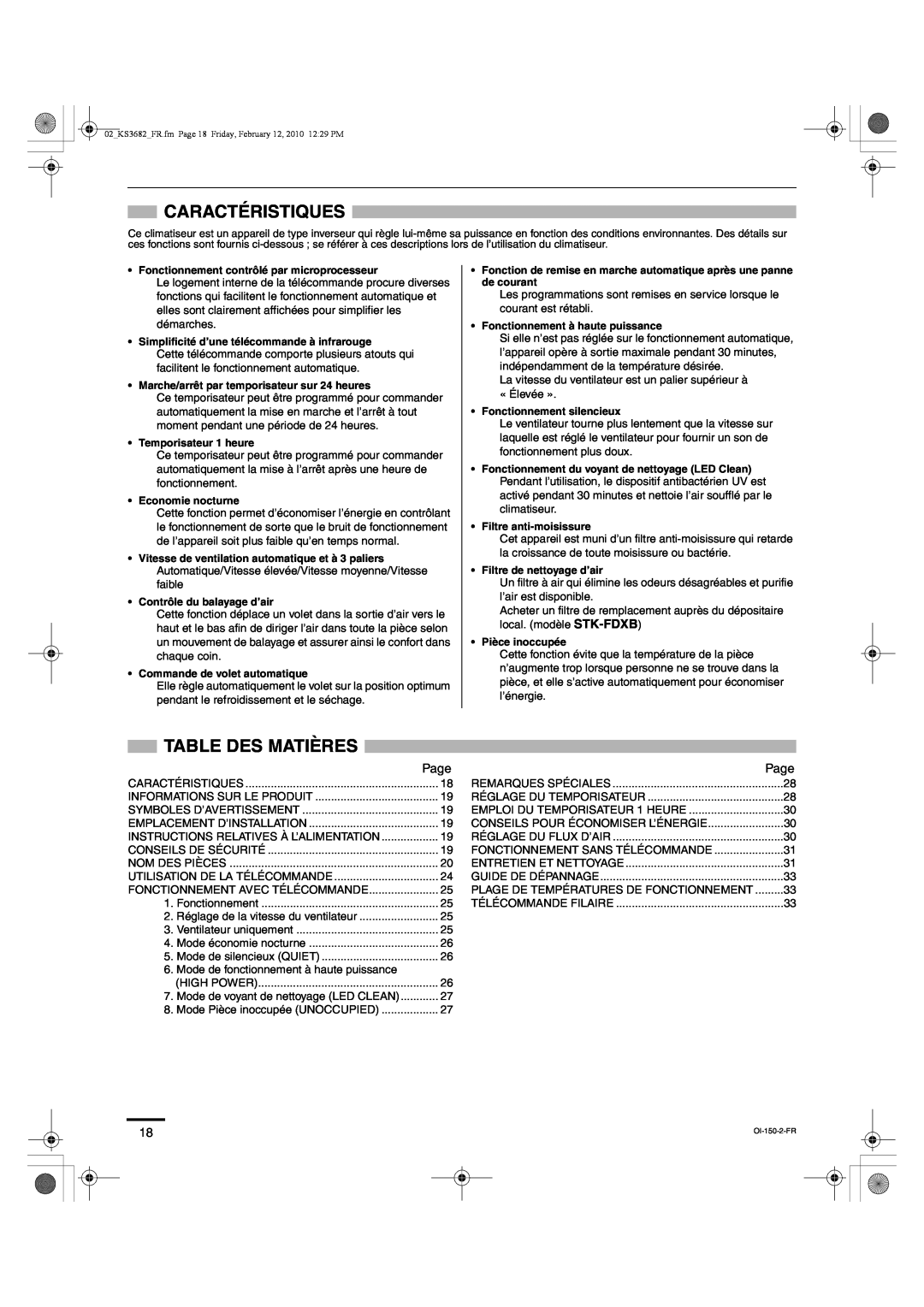 Sanyo KS3682, KS3082 instruction manual Caractéristiques, Table Des Matières, Page 