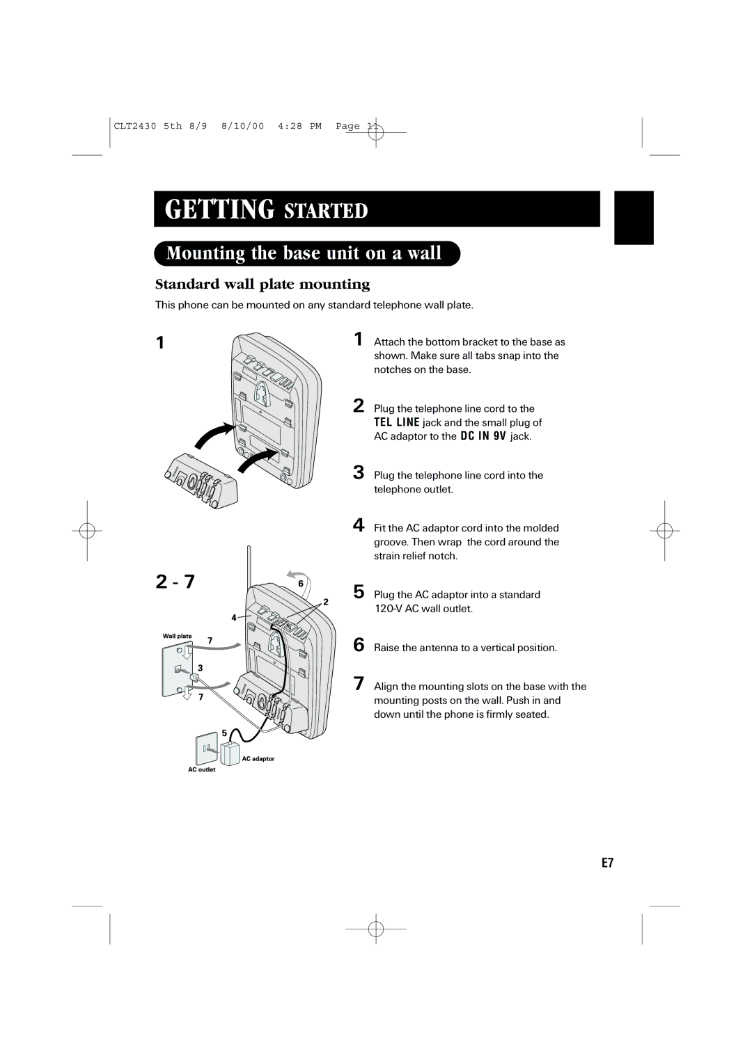 Sanyo LC-2430 instruction manual Mounting the base unit on a wall, Standard wall plate mounting 