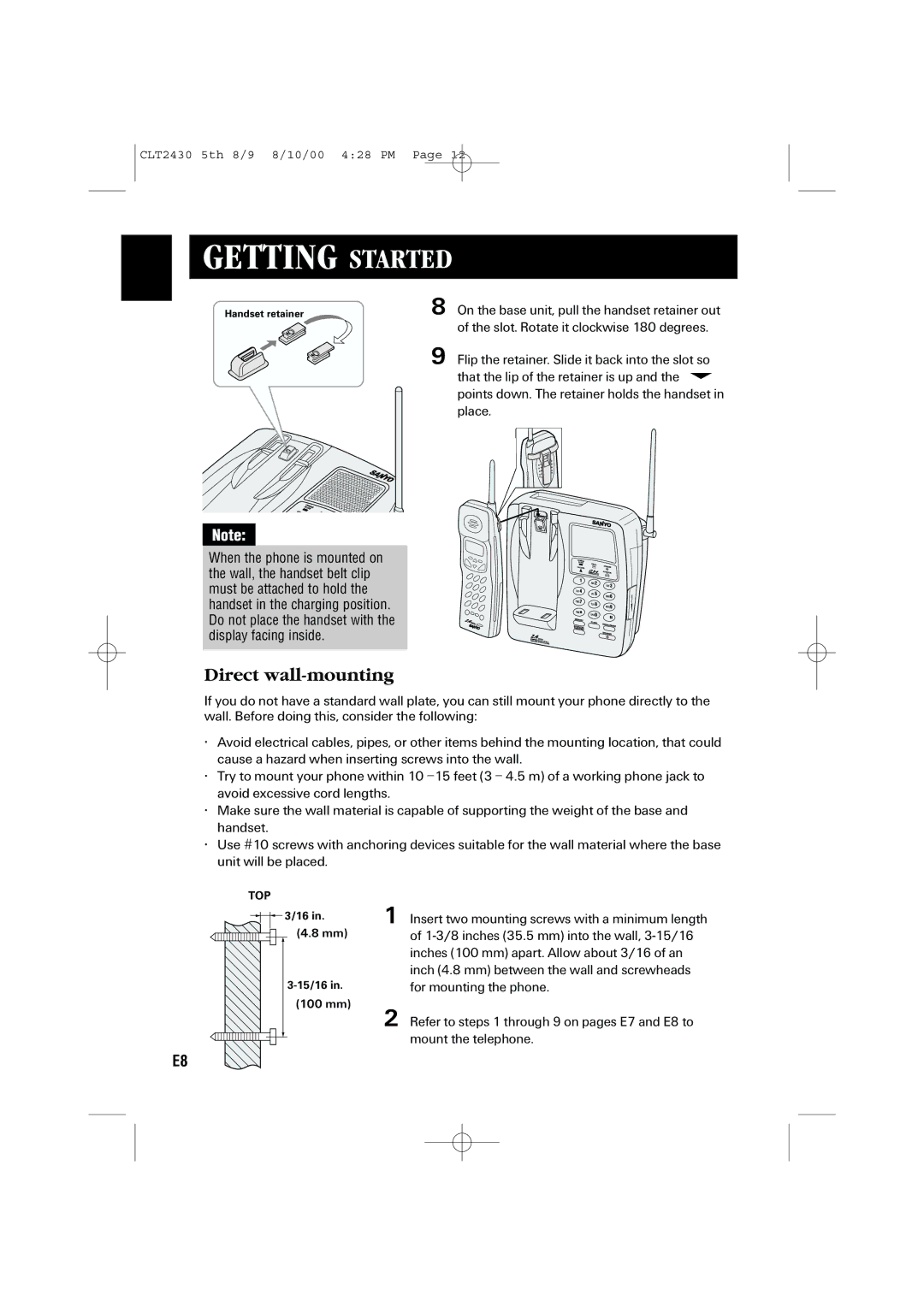 Sanyo LC-2430 instruction manual Direct wall-mounting 