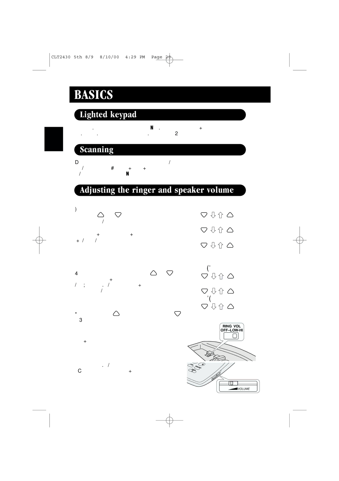 Sanyo LC-2430 instruction manual Lighted keypad, Scanning, Adjusting the ringer and speaker volume, Loud High Medium Normal 