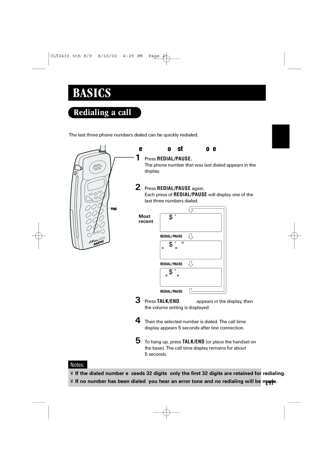 Sanyo LC-2430 Redialing a call, Redialing from standby mode, Most Redial1 recent, Redial2 2145551234, Redial3 9725554321 