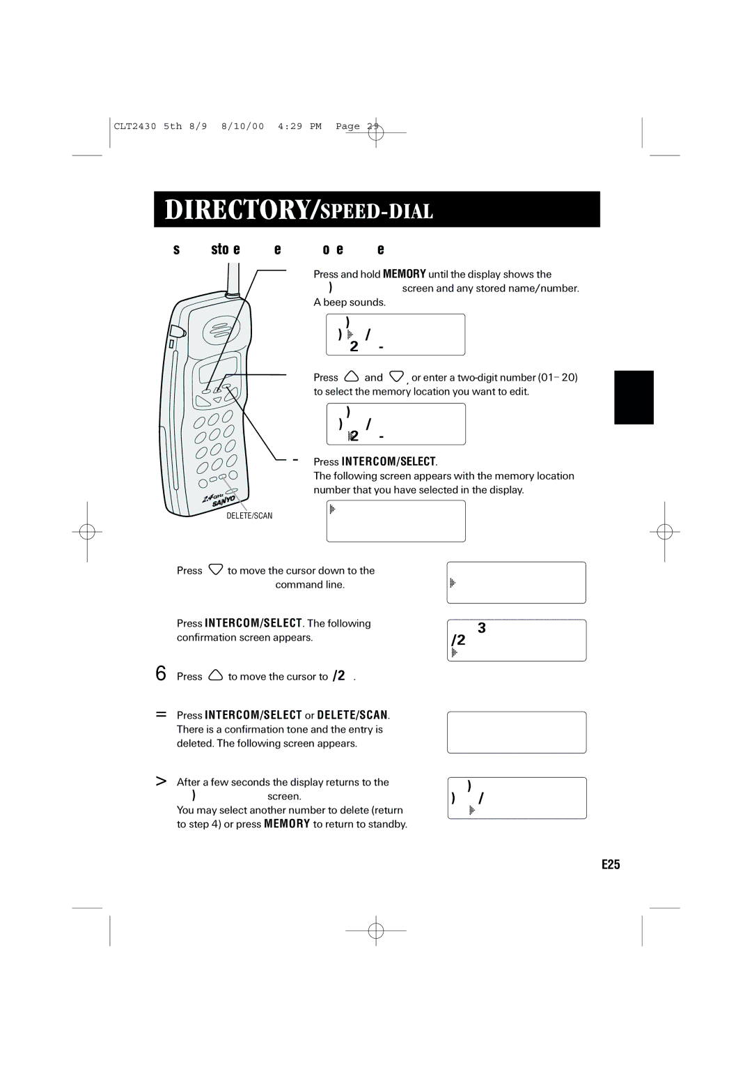 Sanyo LC-2430 instruction manual Erasing a stored name and phone number, Delete Memory command line, Memory Store screen 