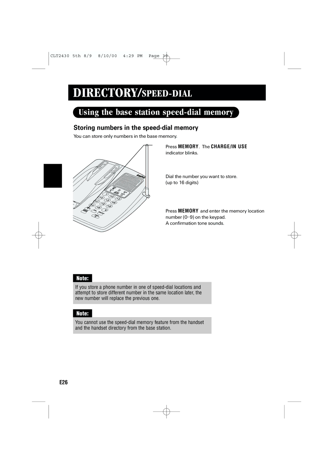 Sanyo LC-2430 instruction manual Using the base station speed-dial memory, Storing numbers in the speed-dial memory 