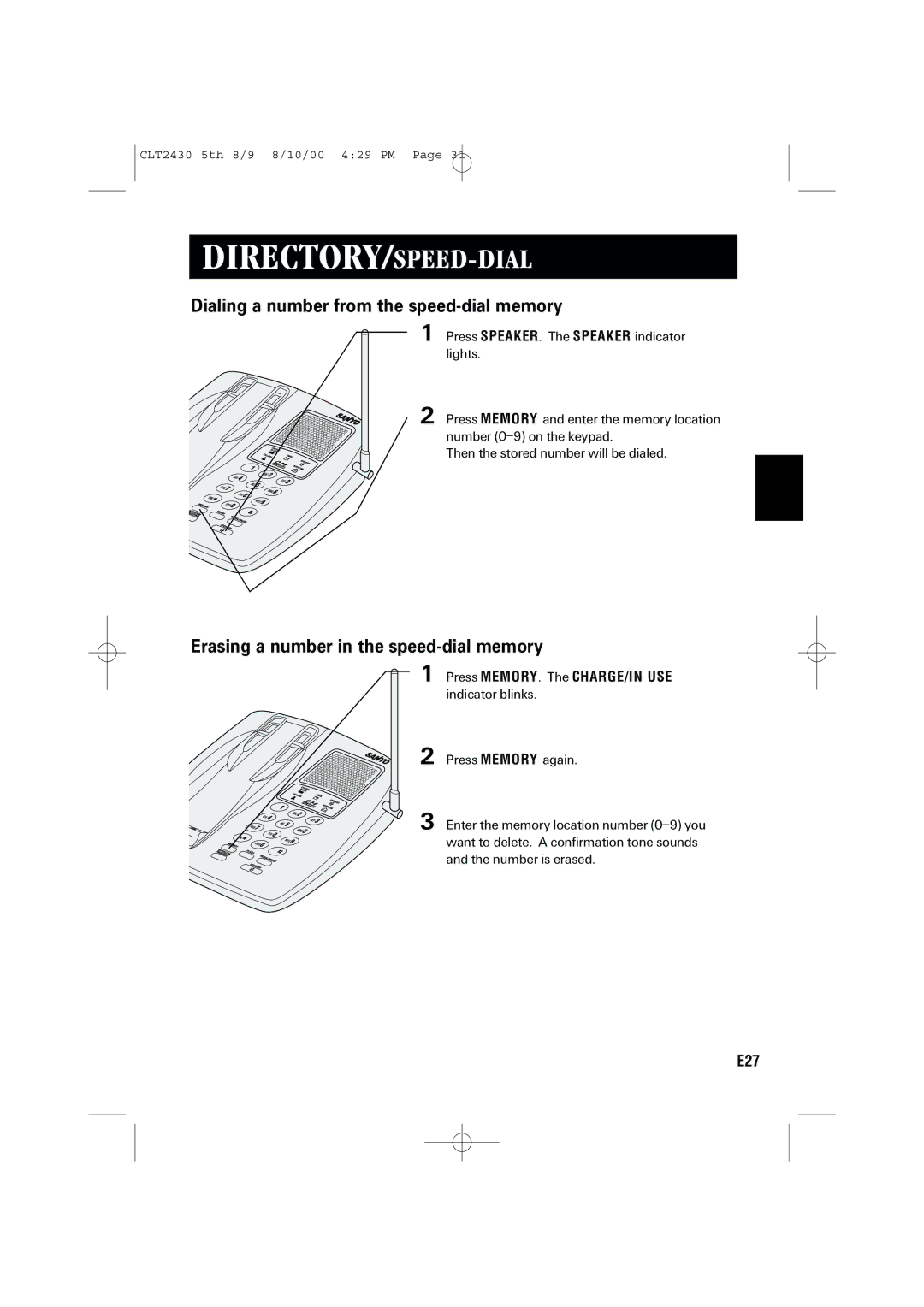 Sanyo LC-2430 instruction manual Dialing a number from the speed-dial memory, Erasing a number in the speed-dial memory 