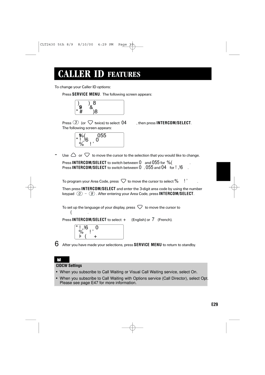 Sanyo LC-2430 instruction manual Select Service Voice Mail Network Svc, Auto TalkOff Cidcw On Area Code, Language Eng 