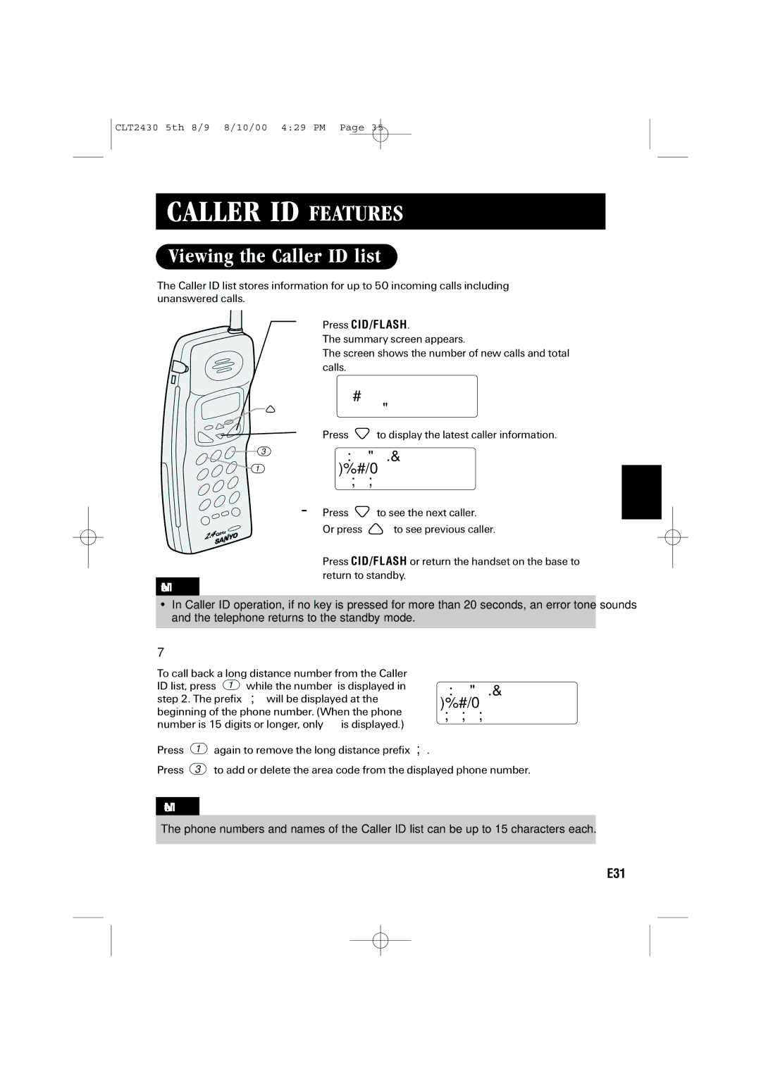 Sanyo LC-2430 Viewing the Caller ID list, New Total02, 17 1230PM, Long distance number and area code setting 