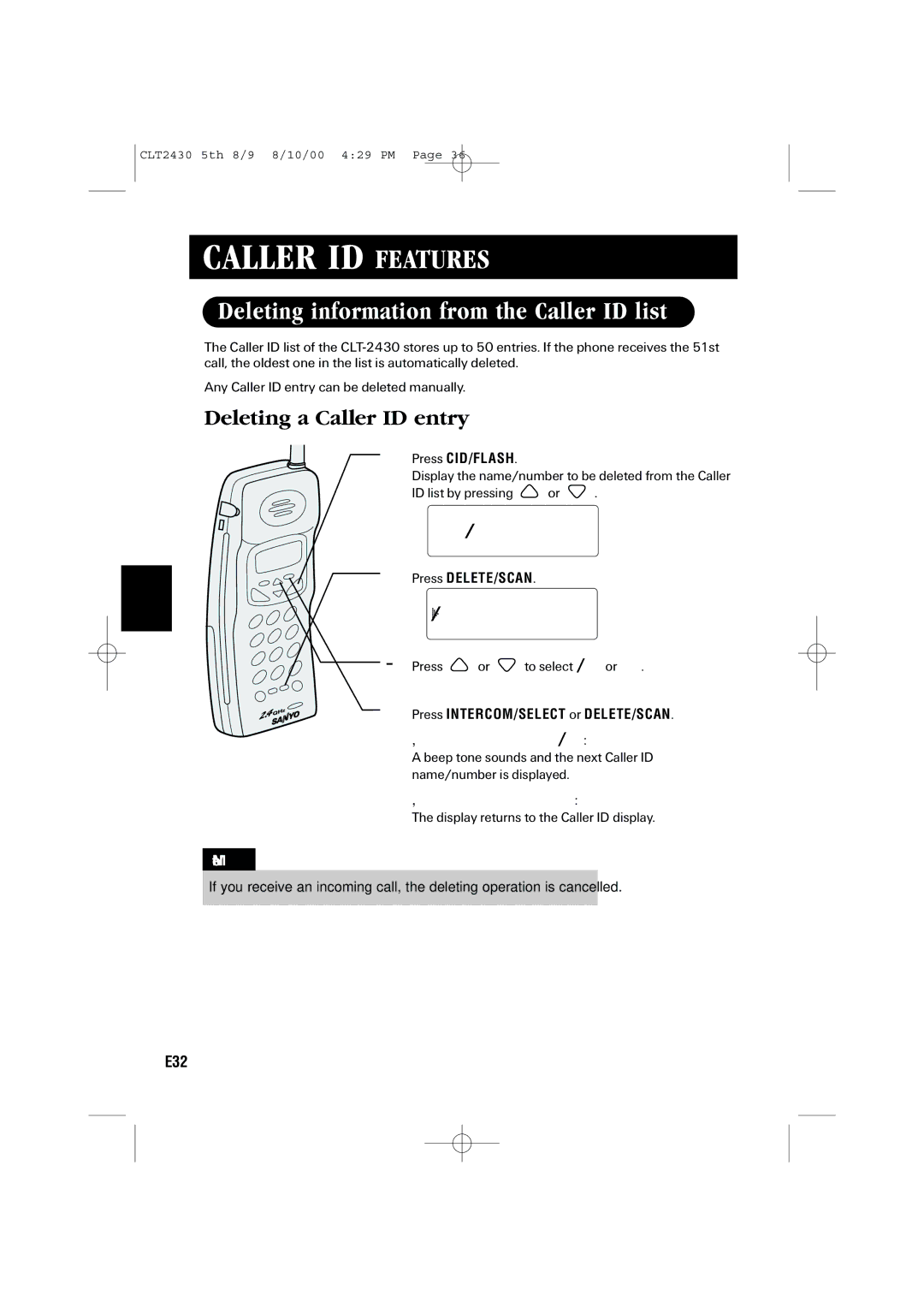 Sanyo LC-2430 Deleting information from the Caller ID list, Deleting a Caller ID entry, Delete Message? Yes 