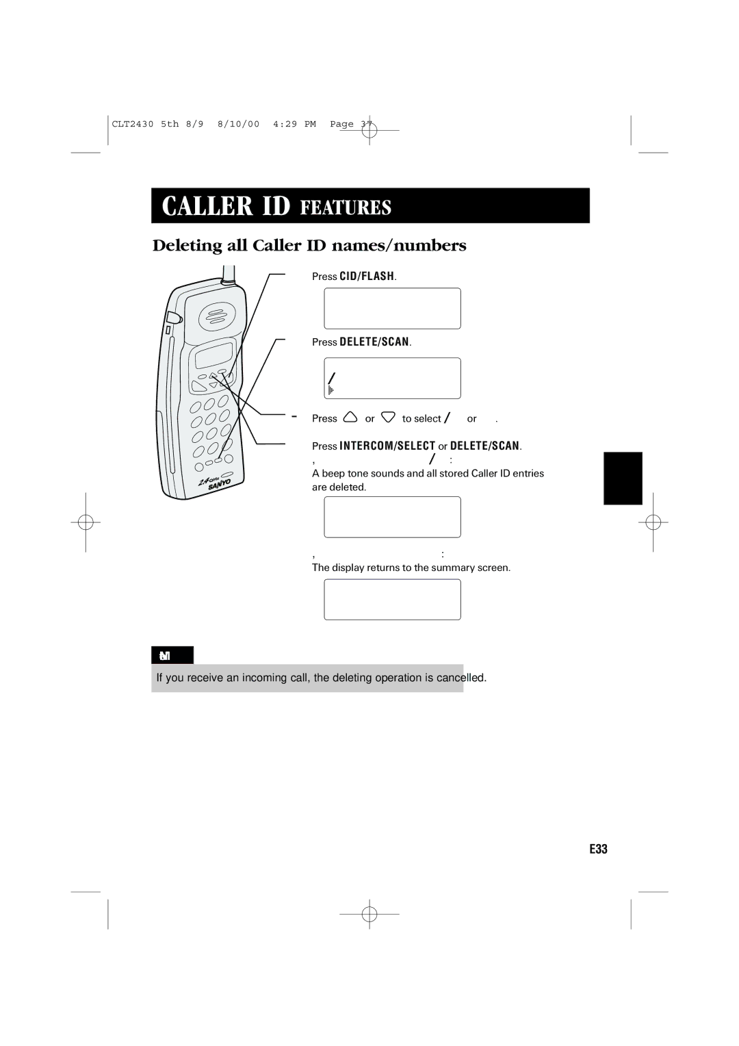 Sanyo LC-2430 instruction manual Deleting all Caller ID names/numbers, Delete All? Yes, Total00 