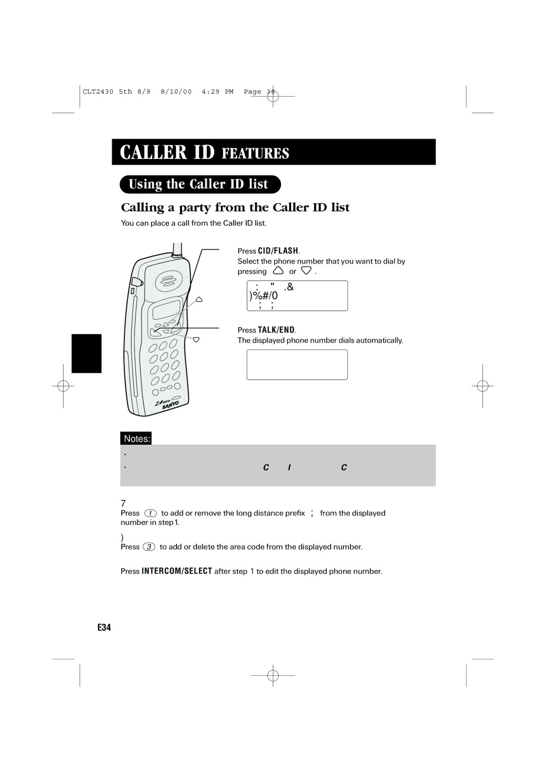 Sanyo LC-2430 Using the Caller ID list, Calling a party from the Caller ID list, Long distance numbers, Area code setting 