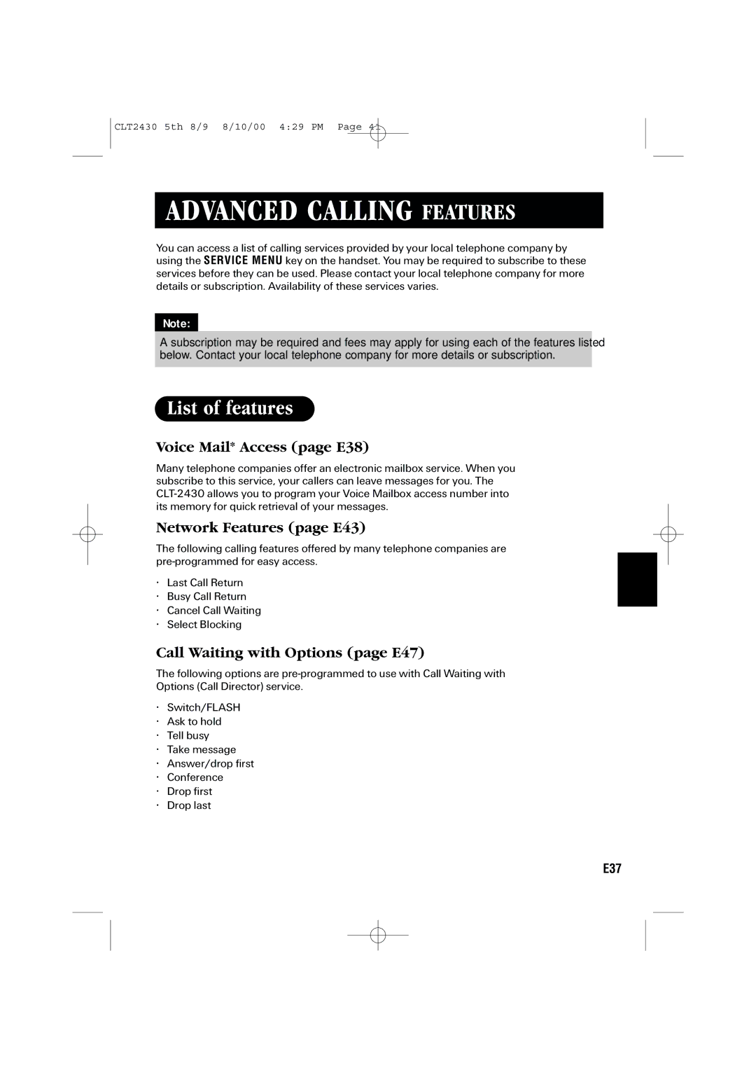 Sanyo LC-2430 Advanced Calling Features, List of features, Voice Mail* Access page E38, Network Features page E43 