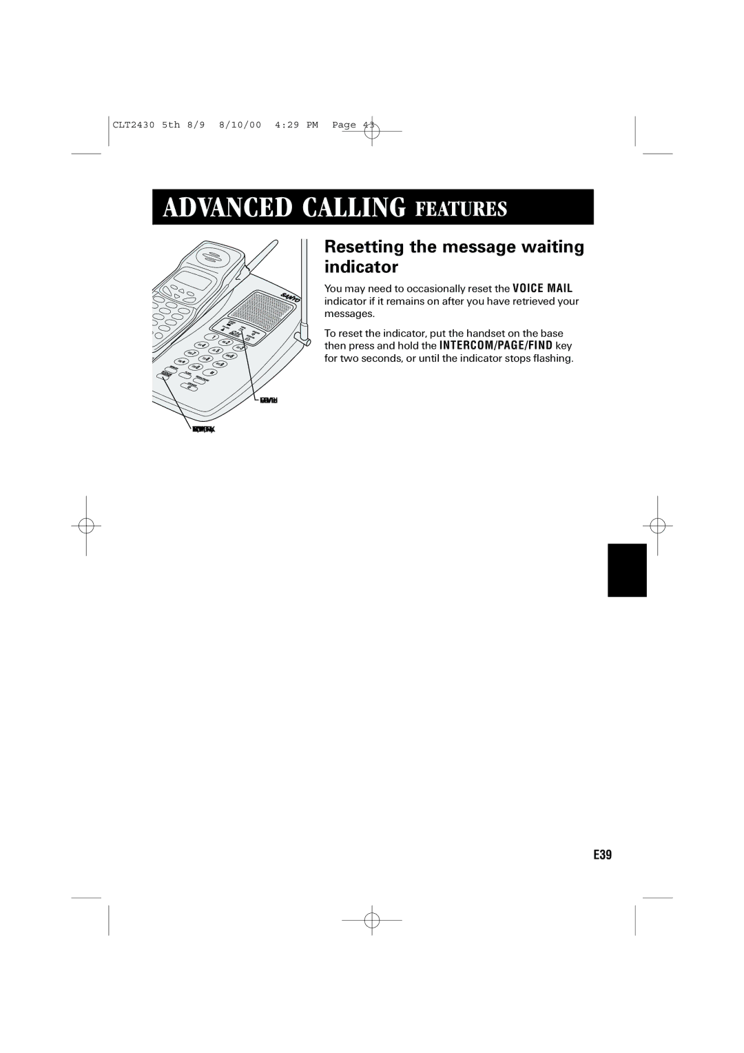 Sanyo LC-2430 instruction manual Resetting the message waiting indicator 