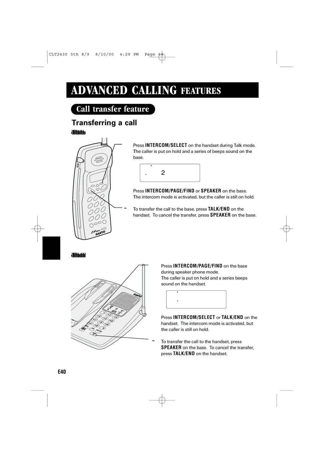 Sanyo LC-2430 instruction manual Call transfer feature, Transferring a call, To transfer from the handset to the base 