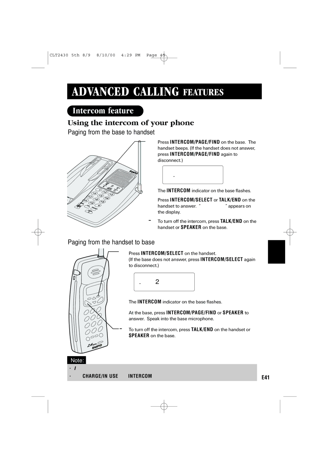 Sanyo LC-2430 instruction manual Intercom feature, Using the intercom of your phone, Paging from the base to handset 