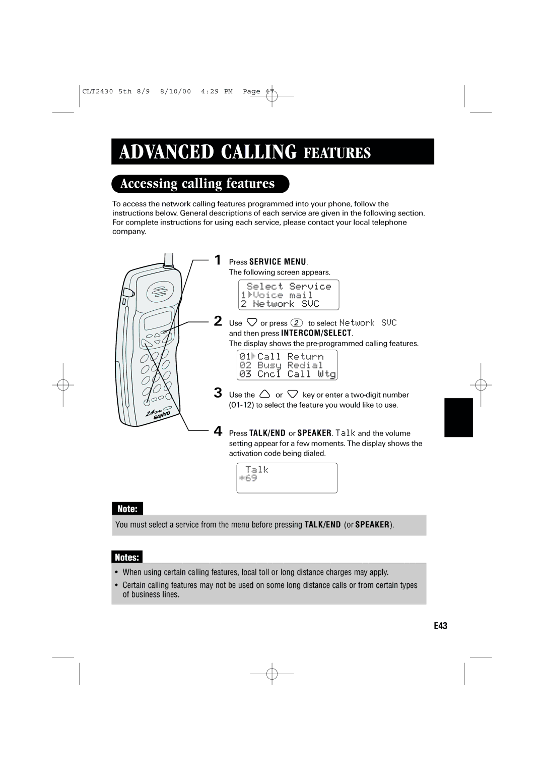 Sanyo LC-2430 instruction manual Accessing calling features, Select Service 1 Voice mail Network SVC, Talk *69 