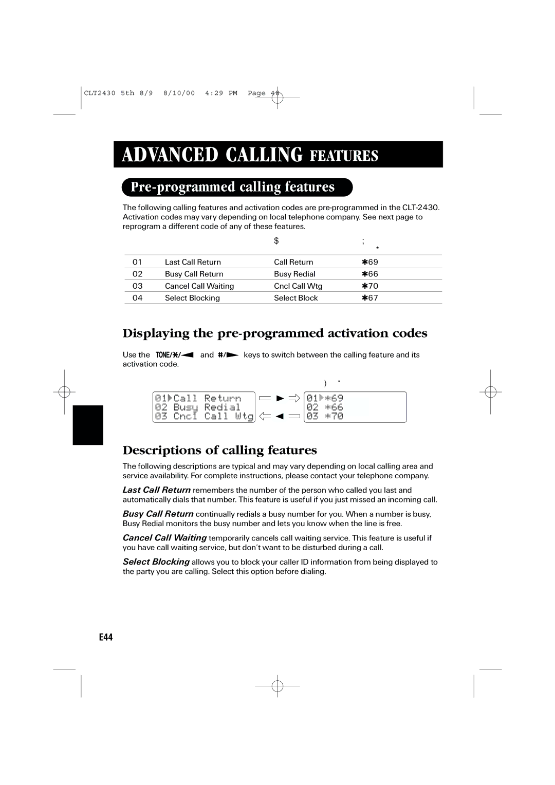 Sanyo LC-2430 Pre-programmed calling features, Displaying the pre-programmed activation codes, Call Return Busy Redial 