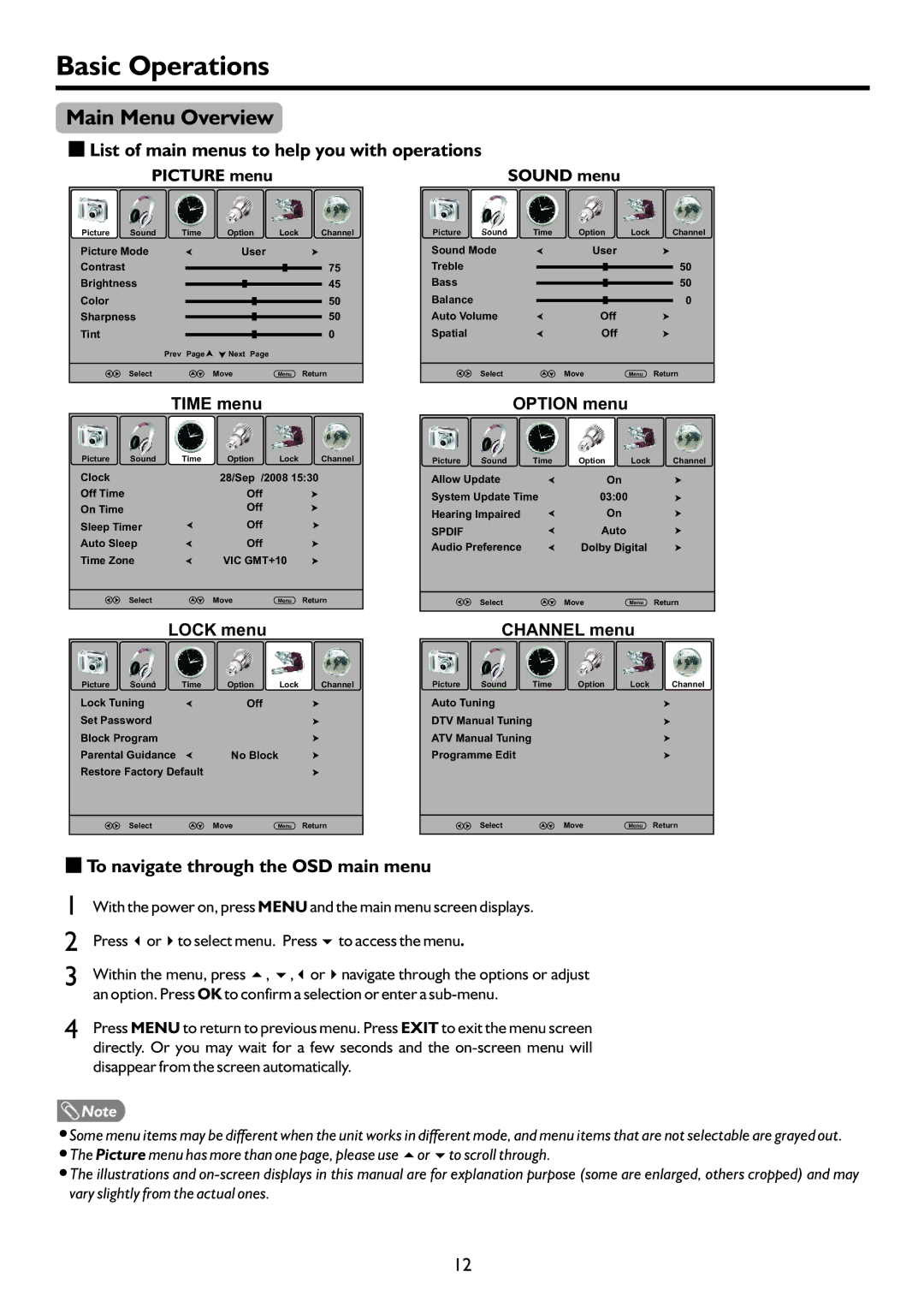 Sanyo LCD-19XR9DA instruction manual Basic Operations, Main Menu Overview, List of main menus to help you with operations 