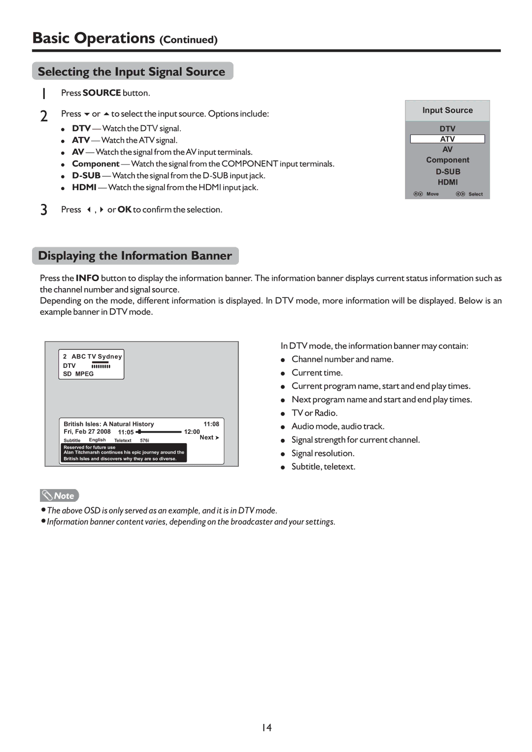 Sanyo LCD-19XR9DA instruction manual Selecting the Input Signal Source, Displaying the Information Banner 