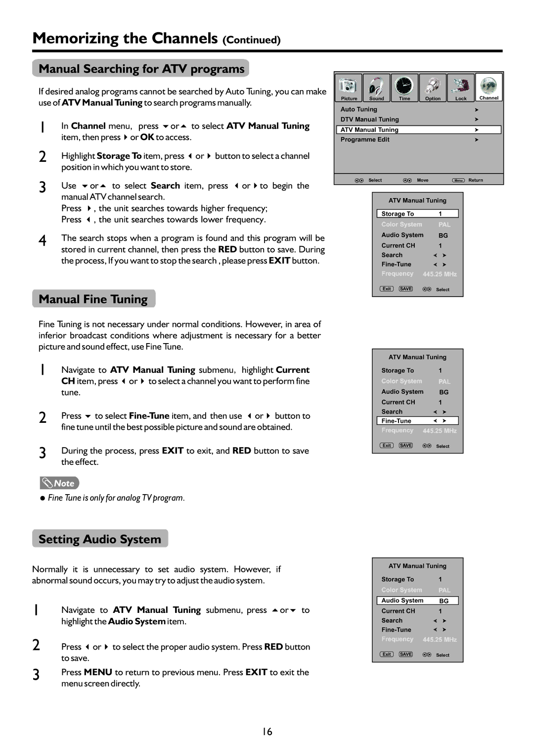 Sanyo LCD-19XR9DA instruction manual Manual Searching for ATV programs, Manual Fine Tuning, Setting Audio System 