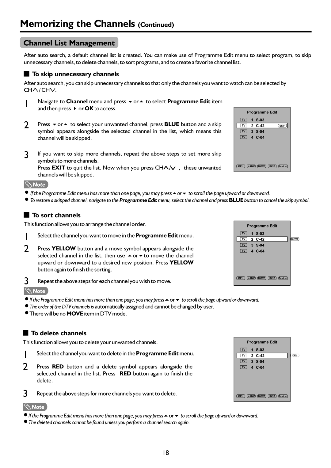 Sanyo LCD-19XR9DA Channel List Management, To skip unnecessary channels, To sort channels, To delete channels 