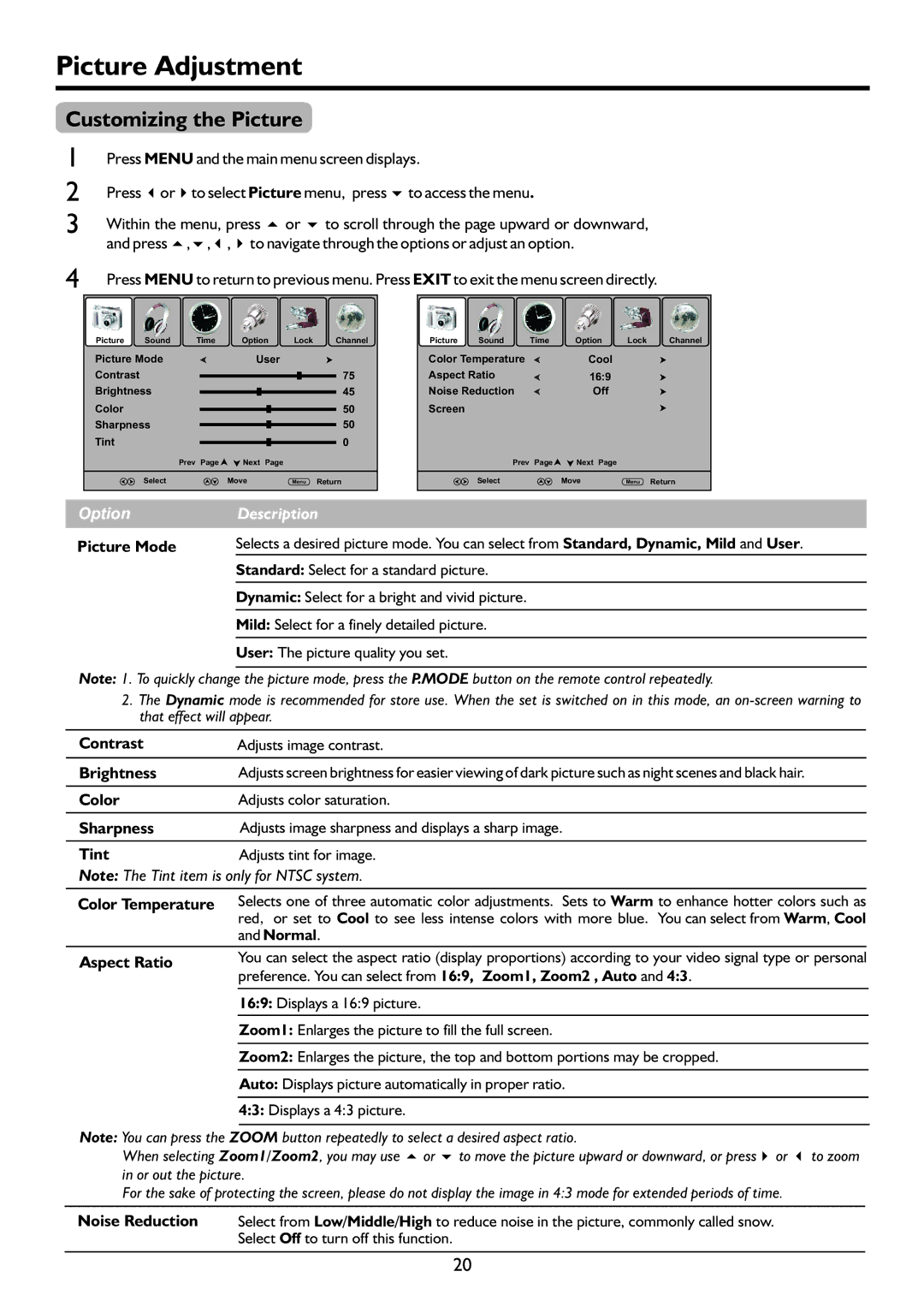 Sanyo LCD-19XR9DA instruction manual Picture Adjustment, Customizing the Picture 